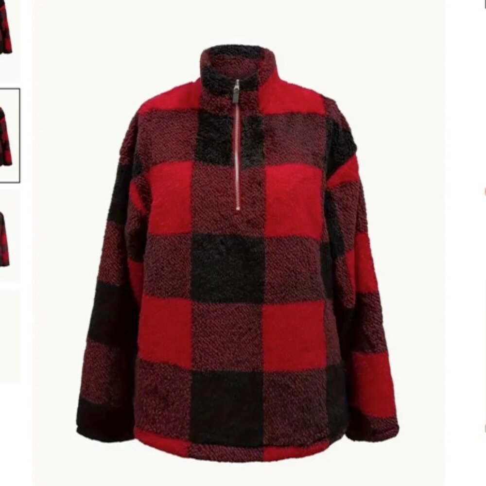 Plaid Print Quarter Zip Teddy Casual Long Sleeve